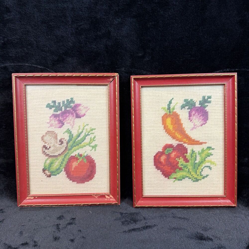 Vintage Needlepoint Vegetables Red Wood Frame Wall Art MCM Handmade Set Of 2